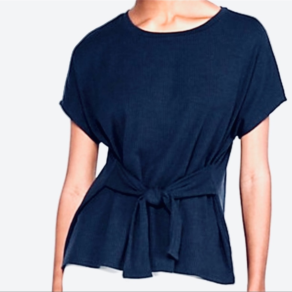 NWT - Express Navy Blue Ribbed Tie-Front Waist Top - Size Small